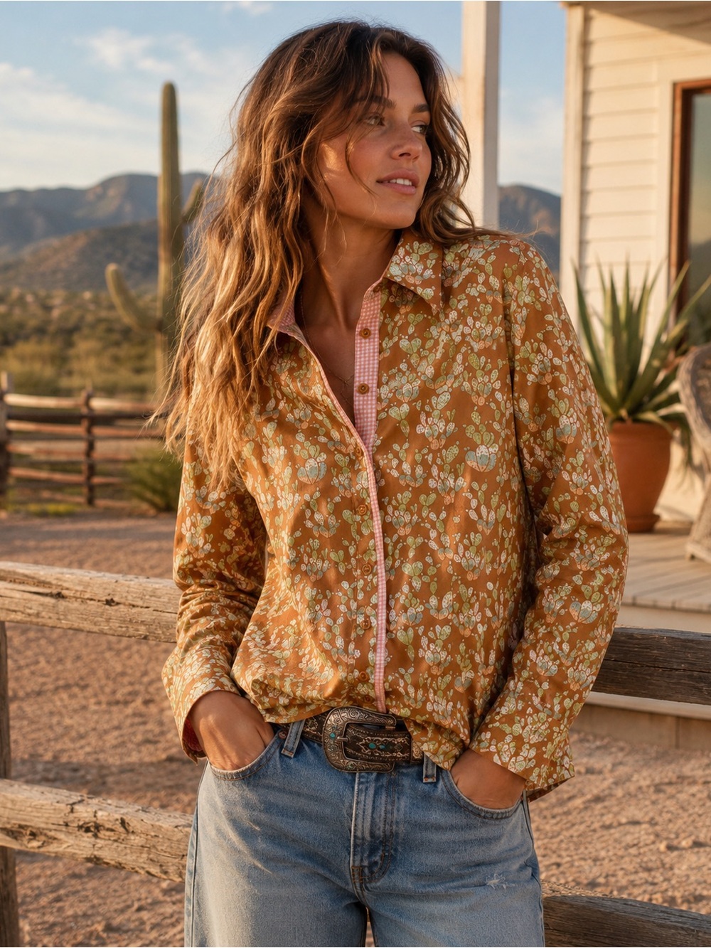 CR Ranchwear Cactus Print Western Button Down Shirt Pink Gingham